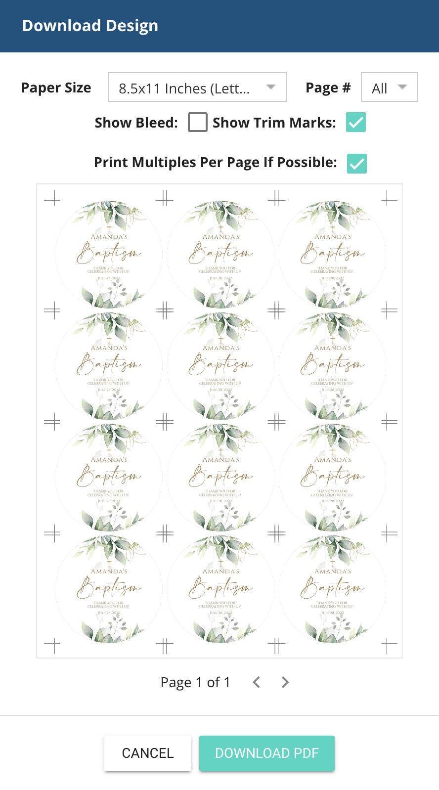 Round Baptism Thank You Tag Template, Editable Baptism Favor Tag with Eucalyptus and Gold Leaves, Boho Sage Green DIY Tag for Boy or Girl, Instant Download