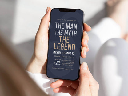 The Man The Myth The Legend Invitation Template | Digital Navy Blue Birthday Evite | Editable Any Age Invite for 30th 40th 50th 60th 70th | Instant Download