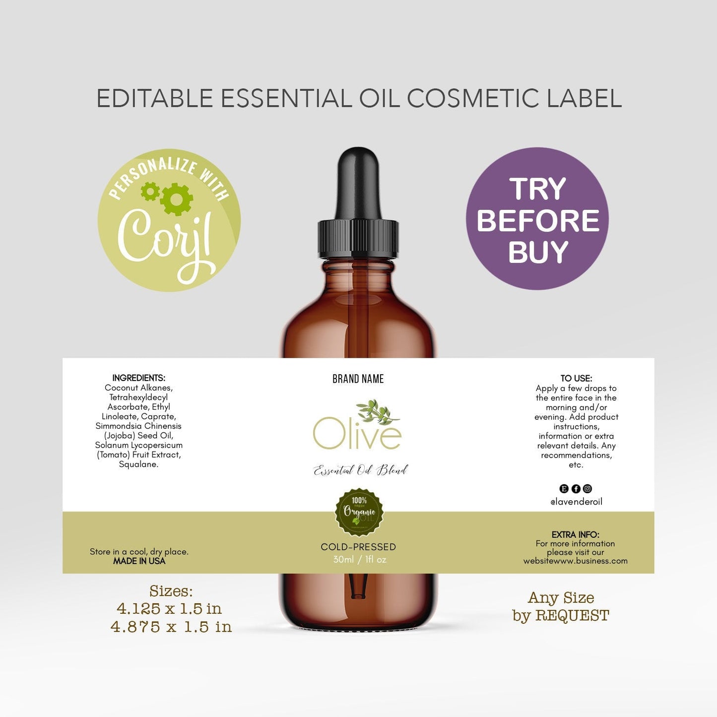 Custom Product Label, 1oz 2oz Editable Label Template, Essential Oil Label Design, DIY Label Bottle Label, Oil Dropper Cosmetics Sticker DIY