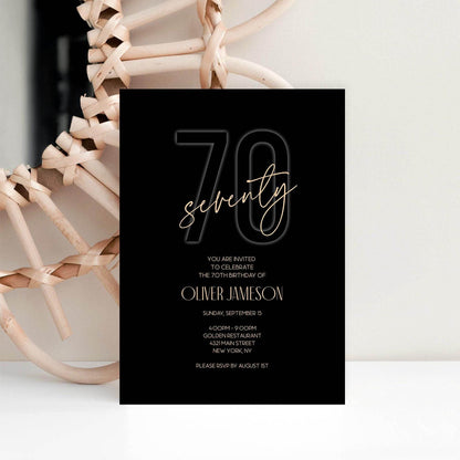 Printable 70th Birthday Invitation for Men Black and Gold | Editable 70th Birthday Invite Template | Elegant Seventy Birthday Party Invitation