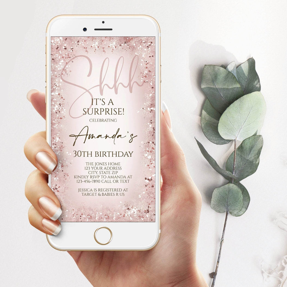 Digital Shhh It's a Surprise Evite, Editable 30th Birthday Invitation Template, Any Age Electronic Smartphone Invite, Instant Download