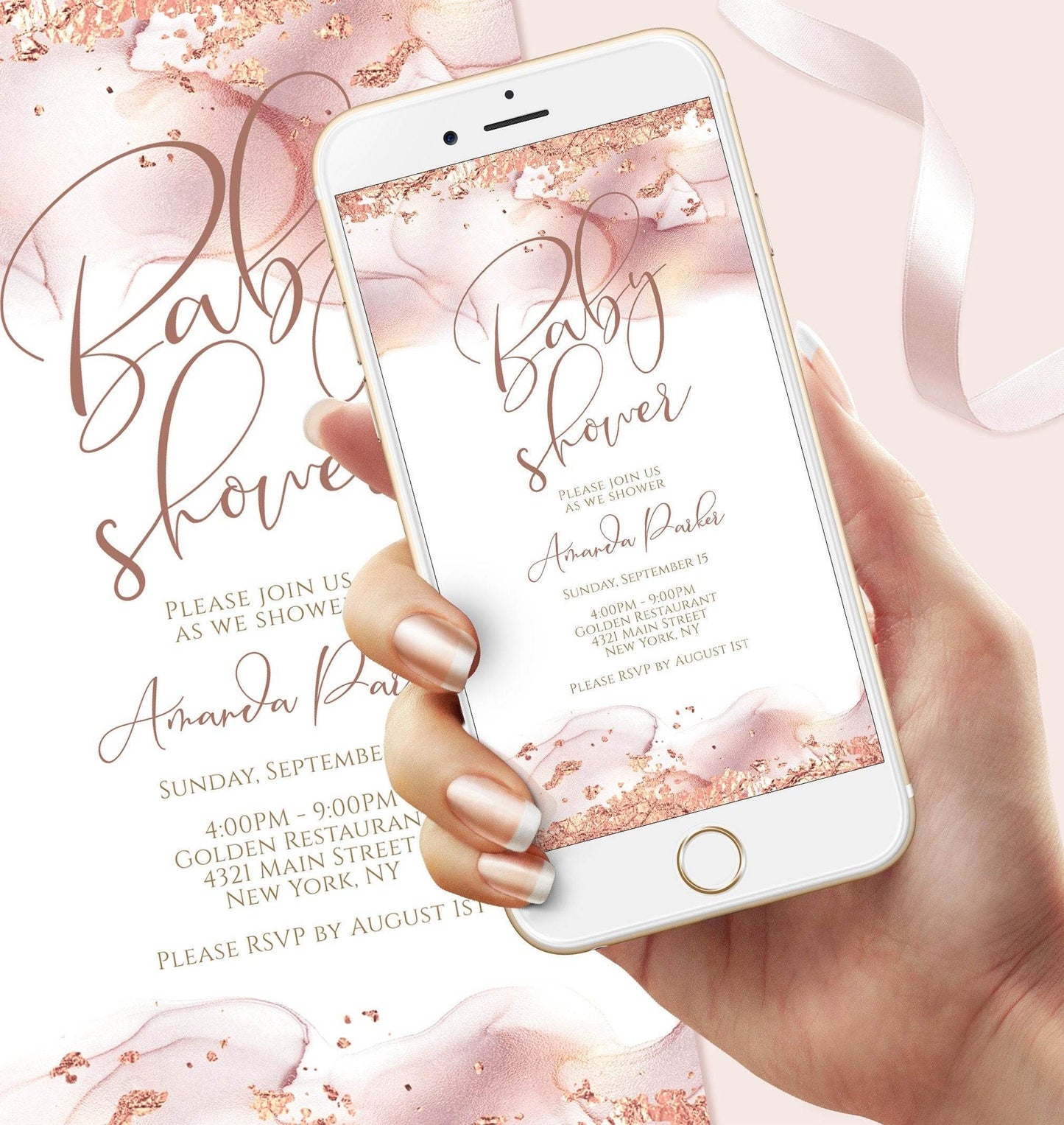 Digital Girl Baby Shower Invitation – Rose Gold Electronic Baby Shower Invite | Editable Text Message Evite | Sweet Baby Girl Template | Instant Download
