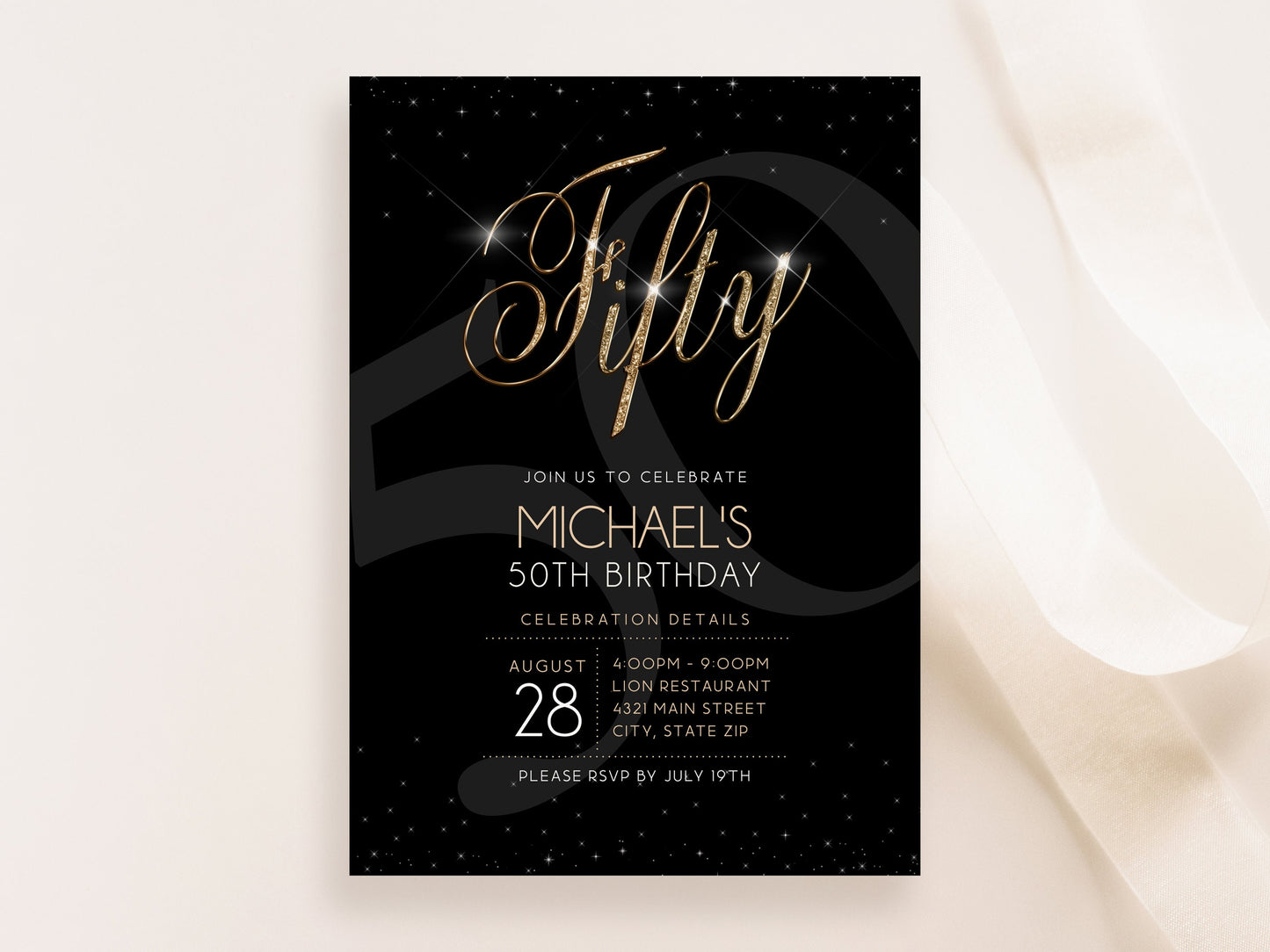 Printable 50th Fifty Birthday Invitation Template, Fifty Birthday Party, Black Gold Men Birthday Invitation, Editable Luxury Invite Download