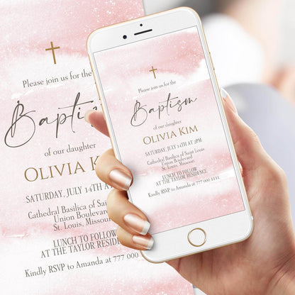 Digital Girl Baptism Invitation – Editable Pink Watercolor Christening Evite Template – Gold Text Message Invite – Girls Baptism or Christening eCard
