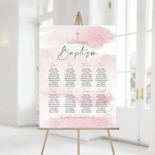 Pink Baptism Seating Chart Template, Editable Girl Table Seating Sign, Printable Watercolor Christening Chart, Digital Download
