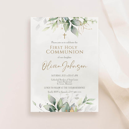 First Communion Invitation Template Printable, Greenery Watercolor Holy Communion Card, Editable Boy Girl Invite, Instant Download