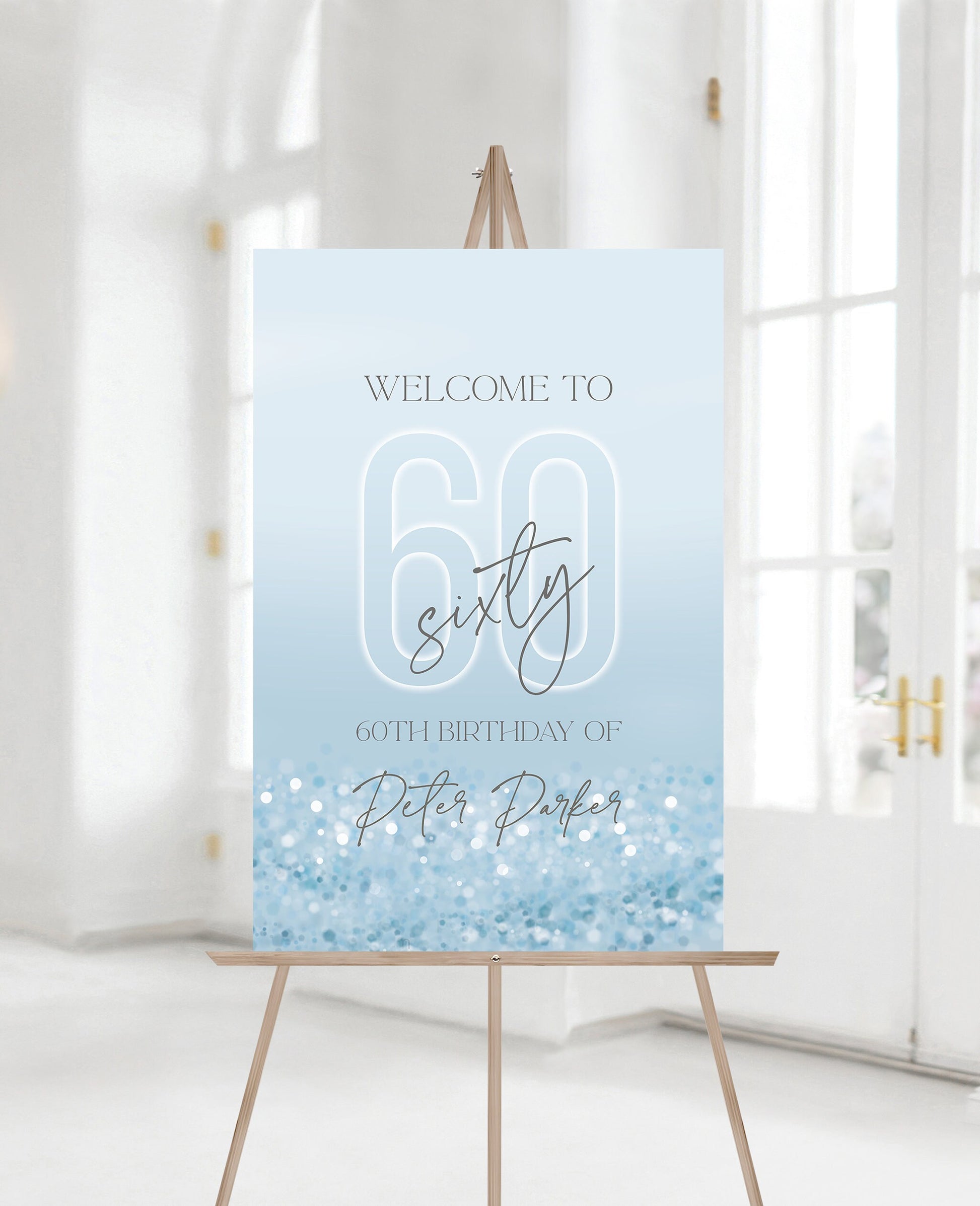 Printable 60th Sixty Birthday Party Welcome Sign, Editable Template, Luxury Birthday Welcome Sign Template, DIY Blue Silver Confetti Board