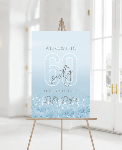 Printable 60th Sixty Birthday Party Welcome Sign, Editable Template, Luxury Birthday Welcome Sign Template, DIY Blue Silver Confetti Board