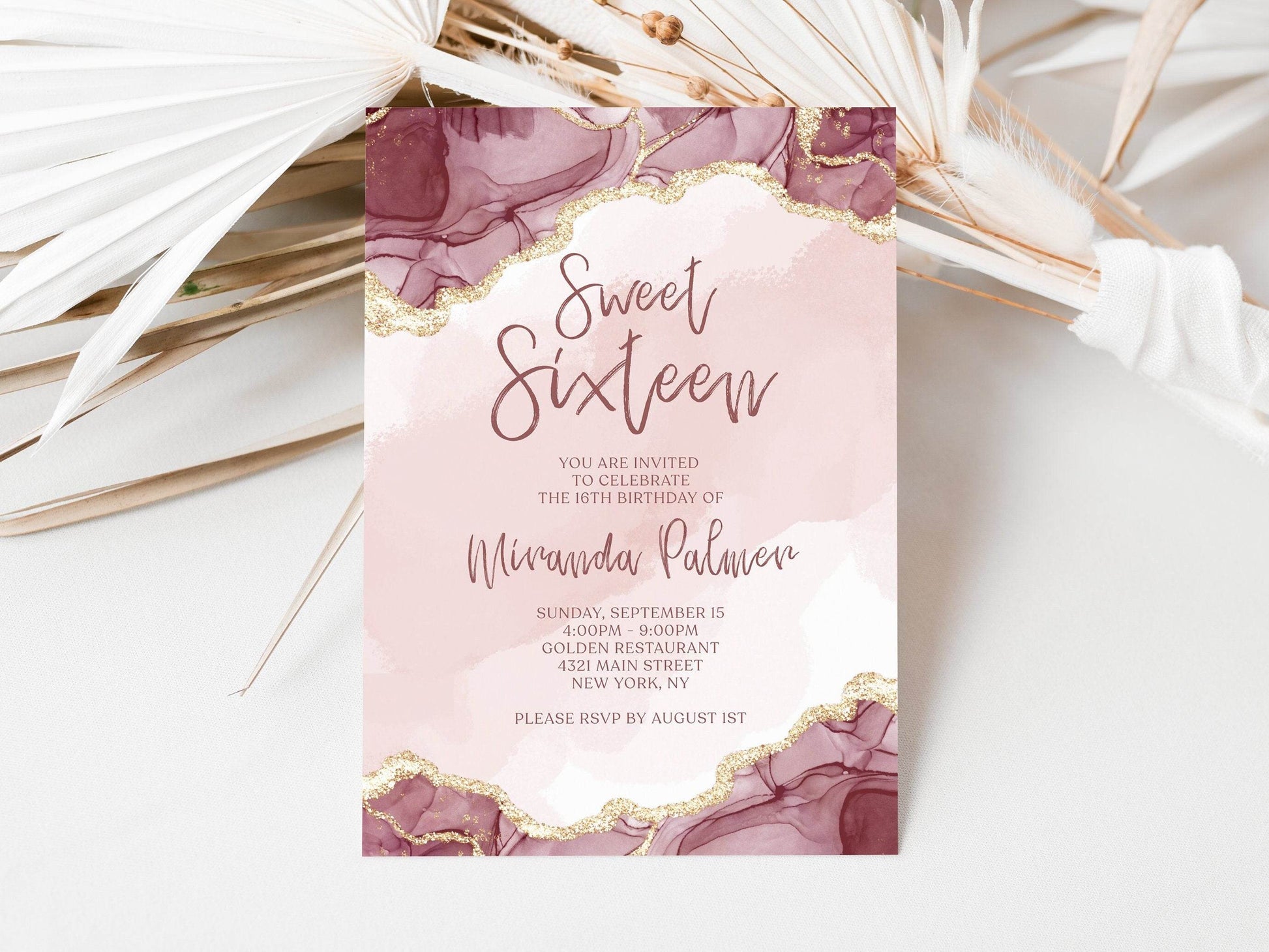 Sweet Sixteen Invitation Template | Editable Shades of Pink 16th Birthday Invite | Luxury Printable Dinner Card | Text Message or Email Evite
