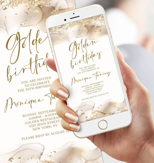 Digital Golden Birthday Birthday Invitation Template, Electronic Gold Glitter Birthday Invite, Editable Text Message Evite, DIY Phone Evite