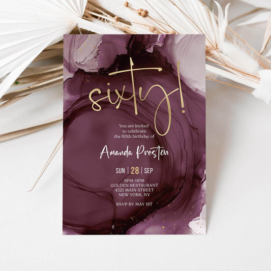 Purple Gold 60th Birthday Invitation Template, Printable Maroon Woman Dinner Party Invite, Editable Surprise Party Invitation, Digital Instant Download