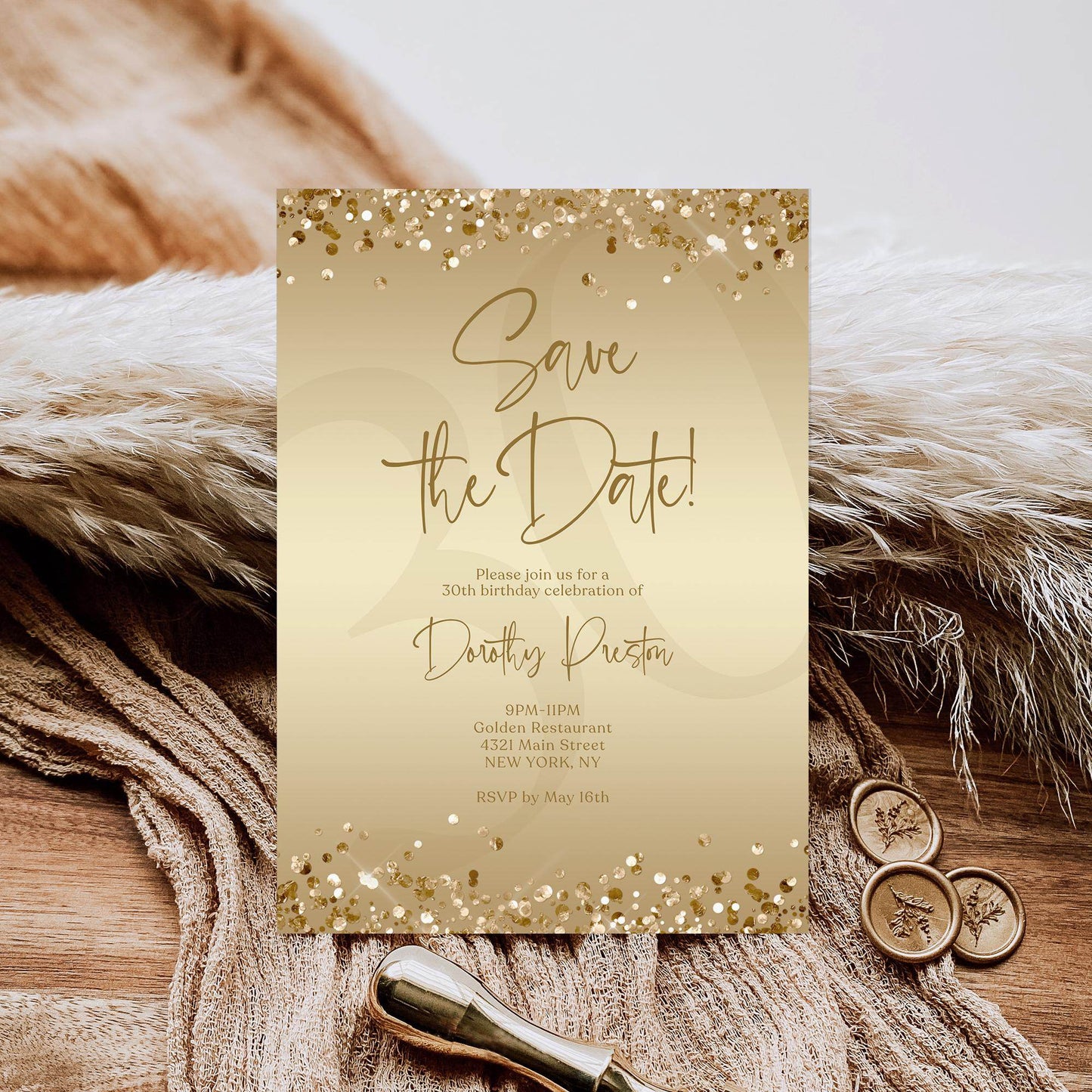 Gold Save the Date Birthday Invitation Template | Editable Any Age Party Invite | Printable Gold Foil Confetti Card | Text Message or Email | Instant Download