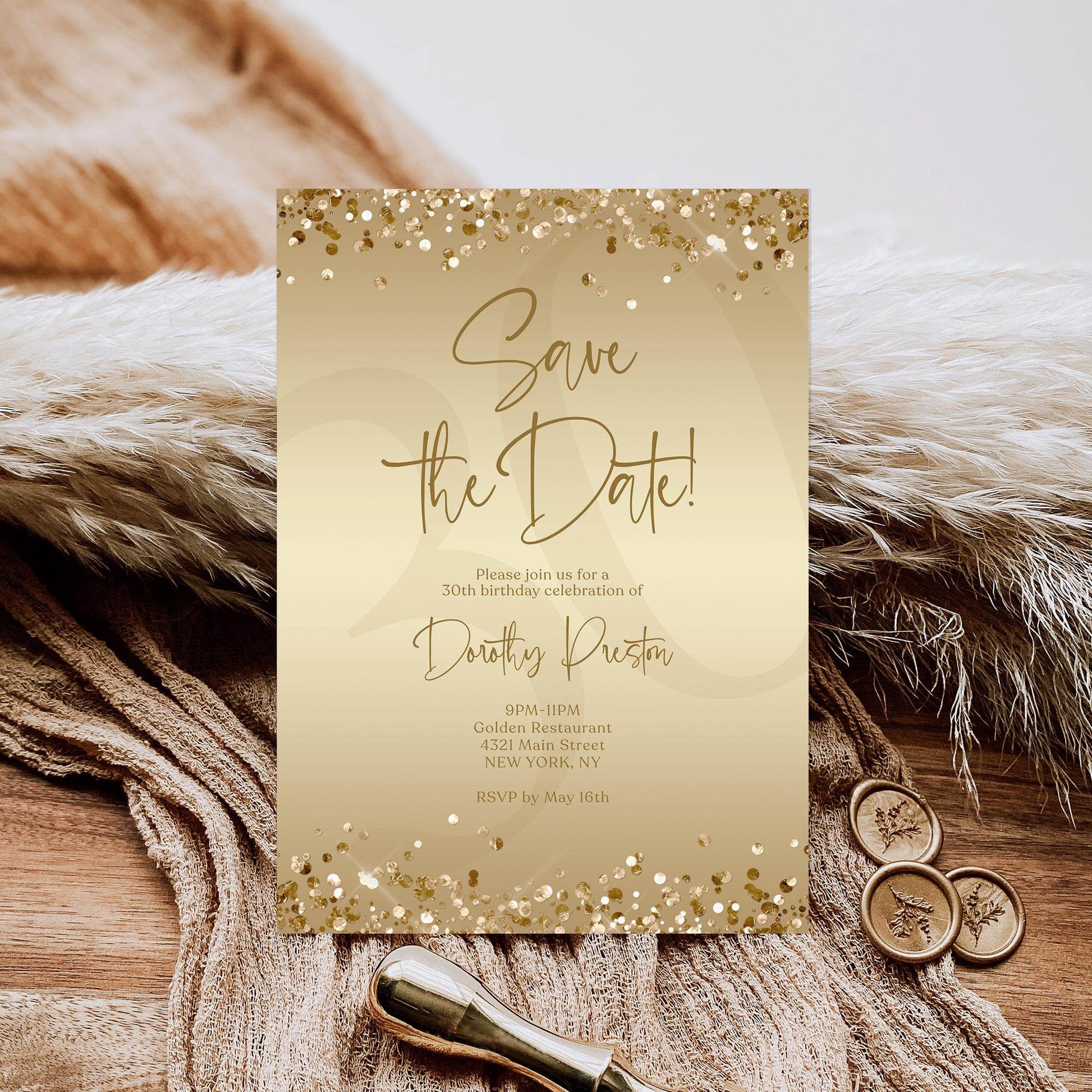 Gold Save the Date Birthday Invitation Template | Editable Any Age Party Invite | Printable Gold Foil Confetti Card | Text Message or Email | Instant Download