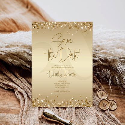 Gold Save the Date Birthday Invitation Template | Editable Any Age Party Invite | Printable Gold Foil Confetti Card | Text Message or Email | Instant Download