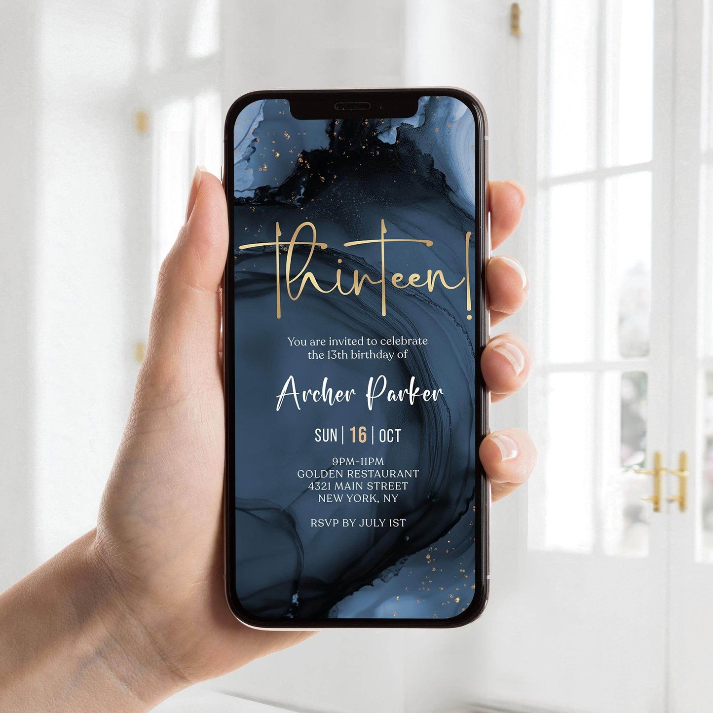 Blue Navy Gold 13th Birthday Invitation – Boy Digital Party Invite – Editable Teen Birthday Template – Text Message Evite – Electronic Download