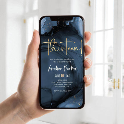 Blue Navy Gold 13th Birthday Invitation – Boy Digital Party Invite – Editable Teen Birthday Template – Text Message Evite – Electronic Download