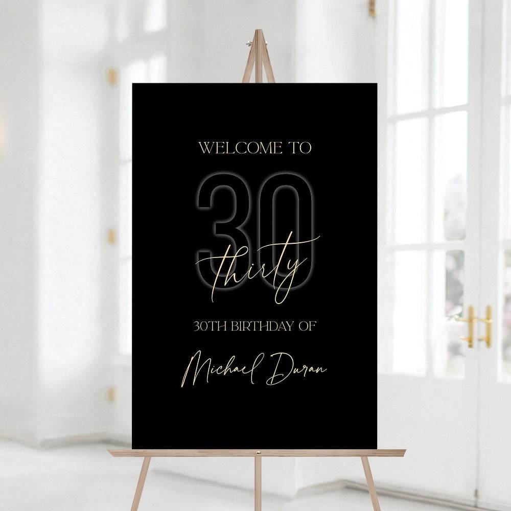Printable 30th Birthday Welcome Sign Template, Editable Thirty Black and Gold Welcome Poster, Milestone Birthday Decorations, Instant Download