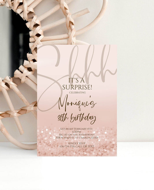Shhh It's a Surprise 30th Birthday Invitation Template, Pink Editable Birthday Invite, Any Age Party Evite, Text or Email Digital Download