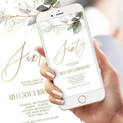 Digital Greenery 60th Birthday Invitation Template – Boho Mobile Party Invite – Editable Text Message Evite – Instant Download Phone Invitation
