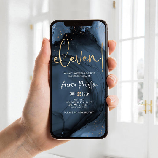 Blue Navy Gold 11th Eleven Boy Birthday Invitation Template, Digital Boy Birthday Party Invite, Electronic Invitation, Text Message Evite