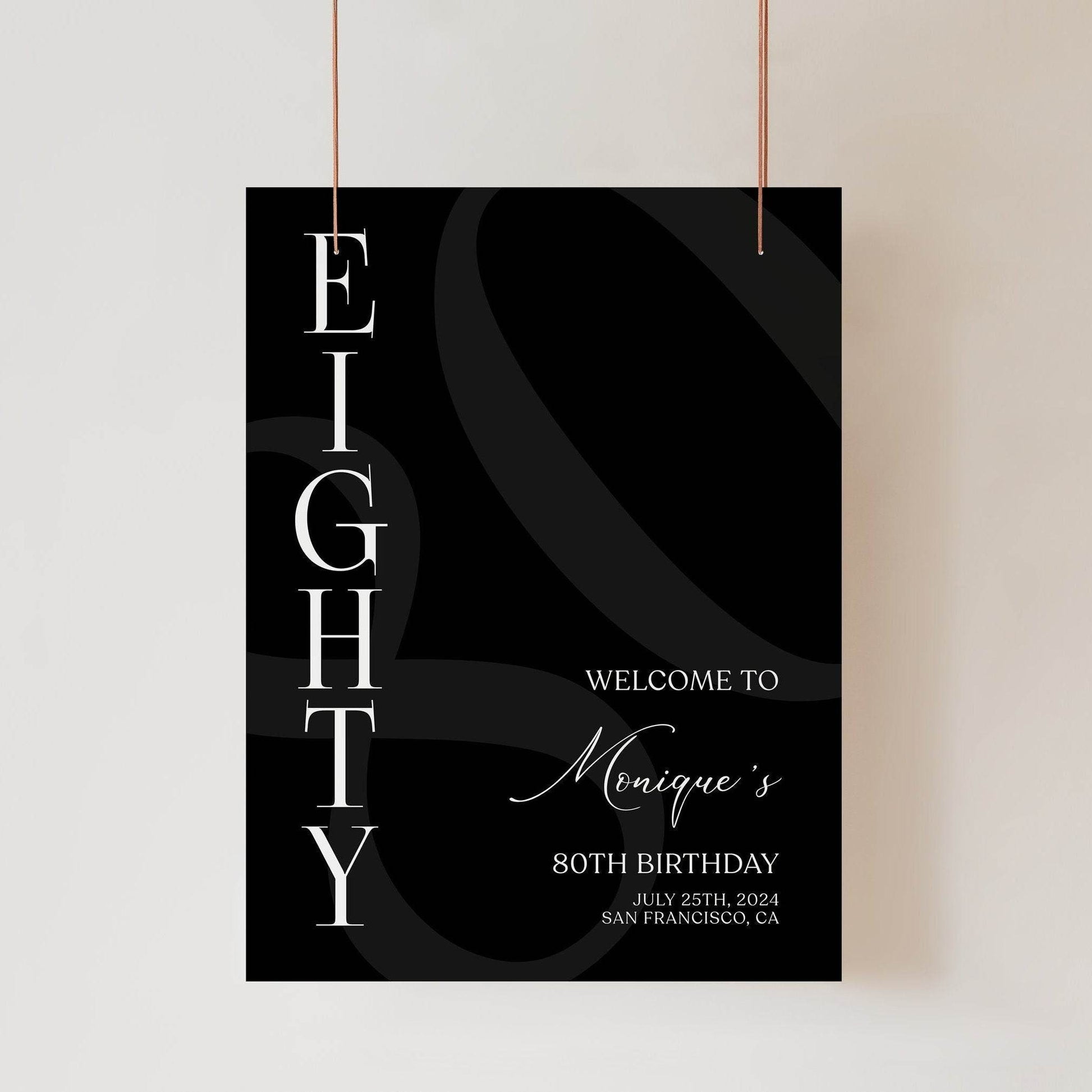 Simple Black 80th Birthday Welcome Sign Template – Printable Minimalist Eighty Birthday Poster | Editable Party Welcome Sign | Instant Download Decor