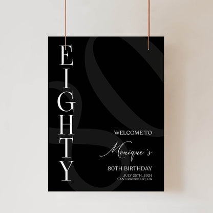 Simple Black 80th Birthday Welcome Sign Template – Printable Minimalist Eighty Birthday Poster | Editable Party Welcome Sign | Instant Download Decor