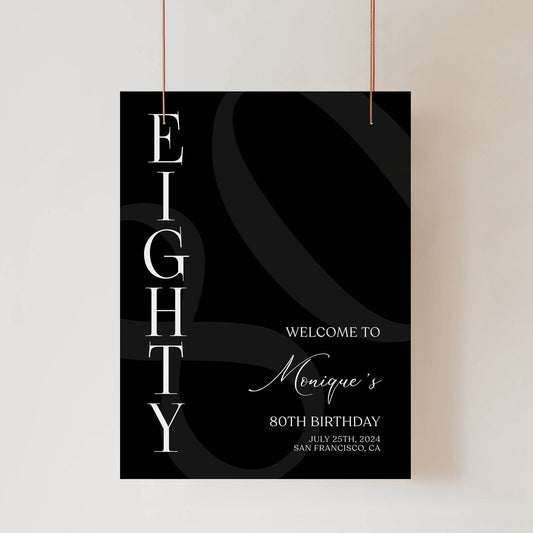 Simple Black 80th Birthday Welcome Sign Template – Printable Minimalist Eighty Birthday Poster | Editable Party Welcome Sign | Instant Download Decor