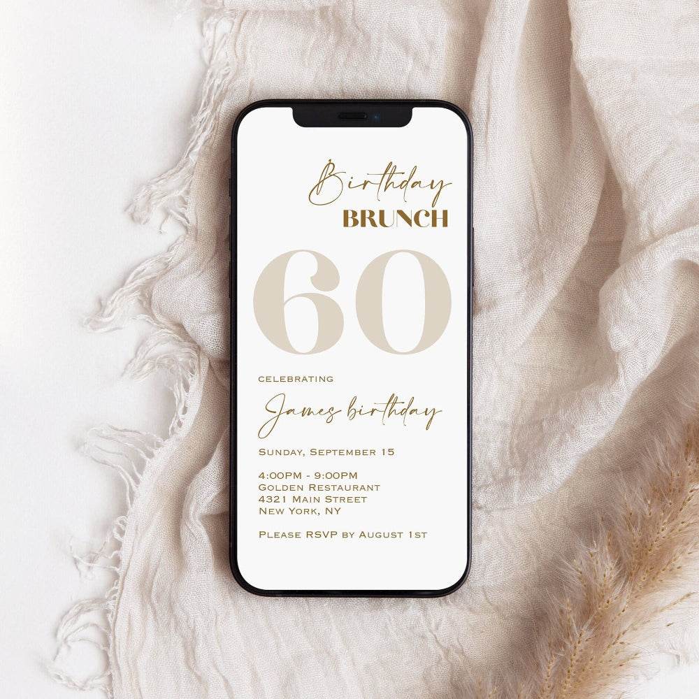 White Gold Electronic Birthday Brunch 60th Birthday Evite – Editable Digital Invitation Template | Paperless 60th Birthday Invite | Instant Download