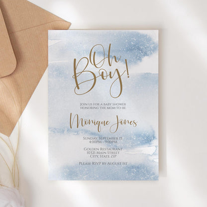 Printable Oh Boy Baby Shower Invitation Template, Boy Baby Shower Invites Blue Watercolor, Editable Invitation, Modern Baby Shower Invite