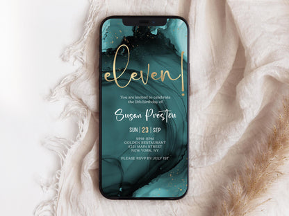 Teal Gold 11th Birthday Invitation Template – Editable Digital Eleven Birthday Party Invite – Boy or Girl Electronic Evite – Email & Text Message – Instant Download