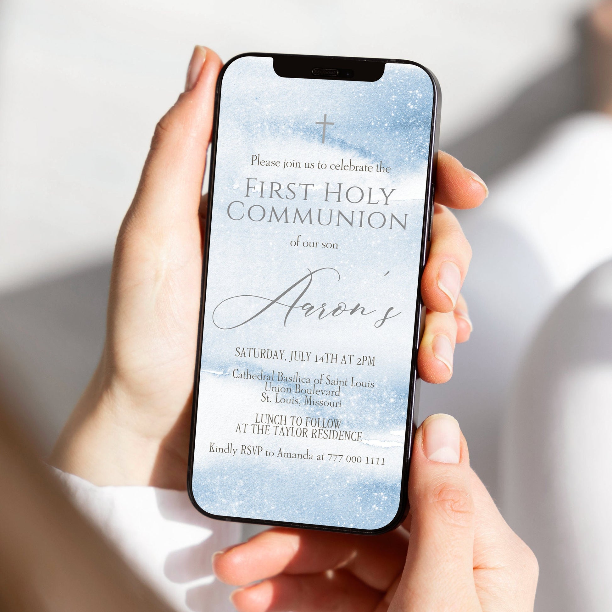 Digital Blue Silver First Communion Invitation, Electronic Boy First Holy Communion Invite, Editable Invitation Template, Text Message Evite