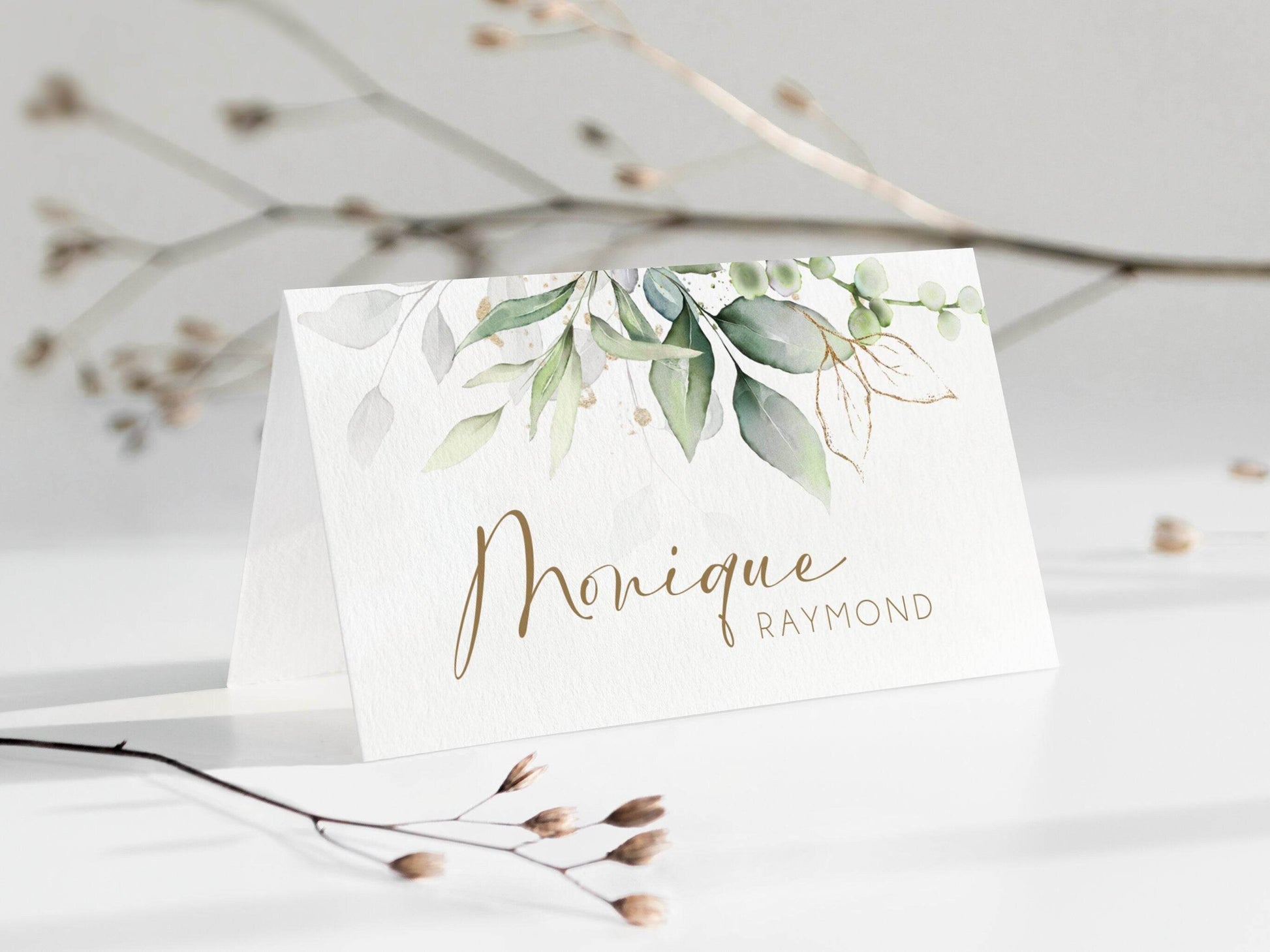 Minimal Greenery Place Cards Template, Editable Printable Wedding Table Name Cards, Digital Birthday Place Card Template, Instant Download