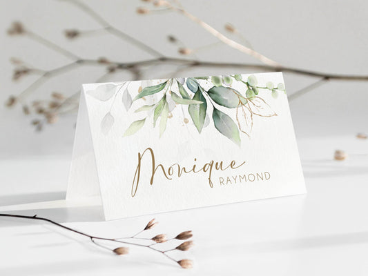 Minimal Greenery Place Cards Template, Editable Printable Wedding Table Name Cards, Digital Birthday Place Card Template, Instant Download