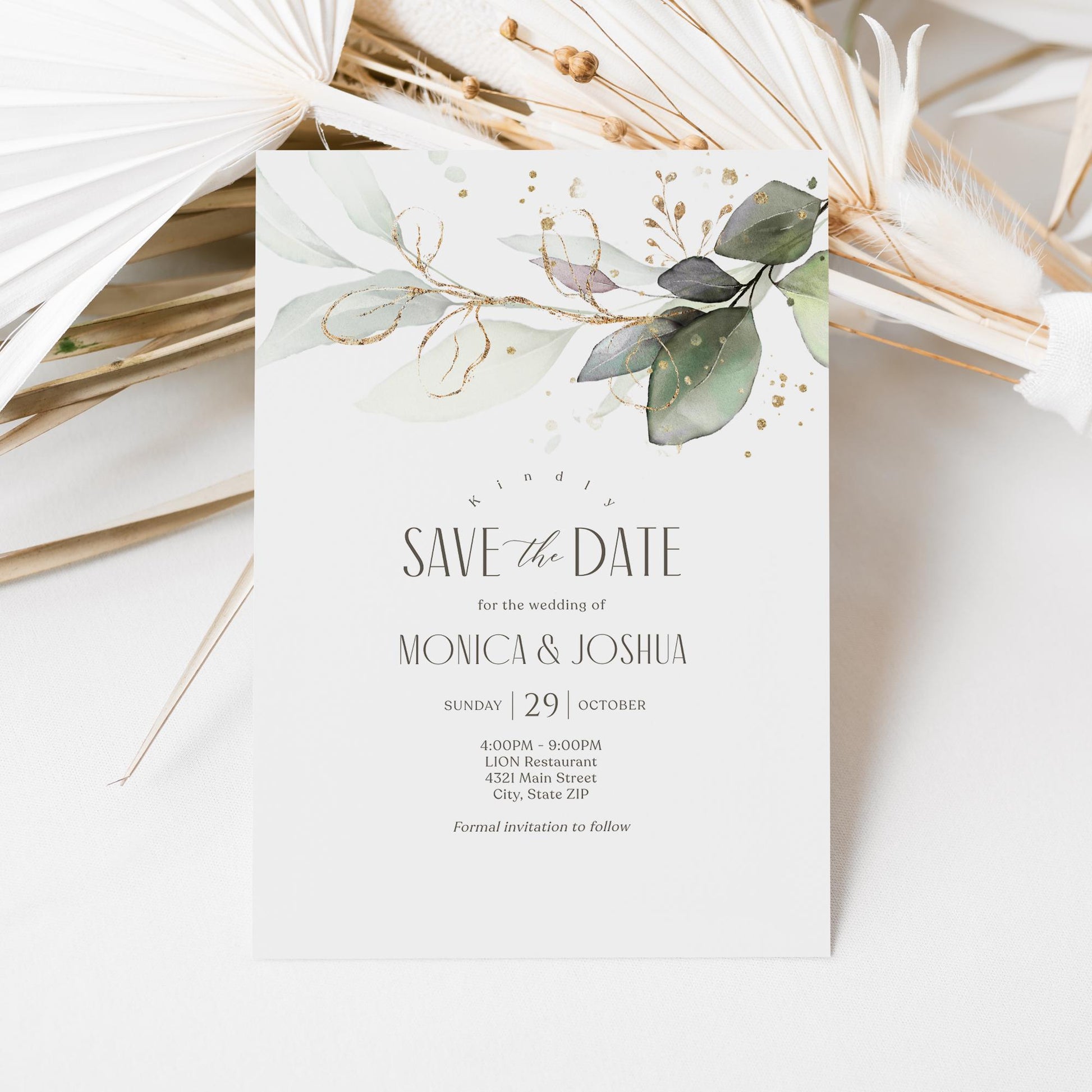 Kindly Save the Date Editable Invitation Card Template, Bohemian Greenery with Eucalyptus and Gold, Printable Elegant Wedding Invite Card