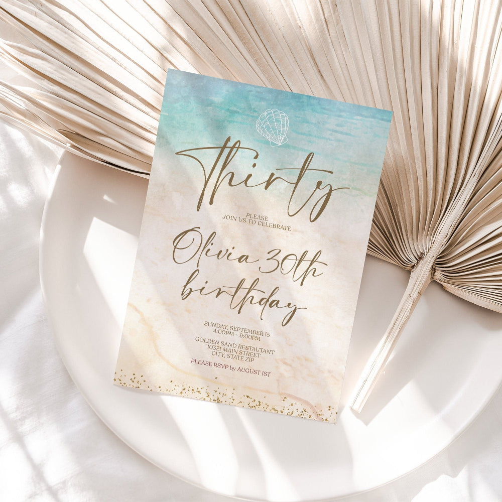 Beach Birthday Invitation Template | Editable Watercolor Invite | 30th or Any Age Printable Birthday Evite | Ocean Theme Digital Download