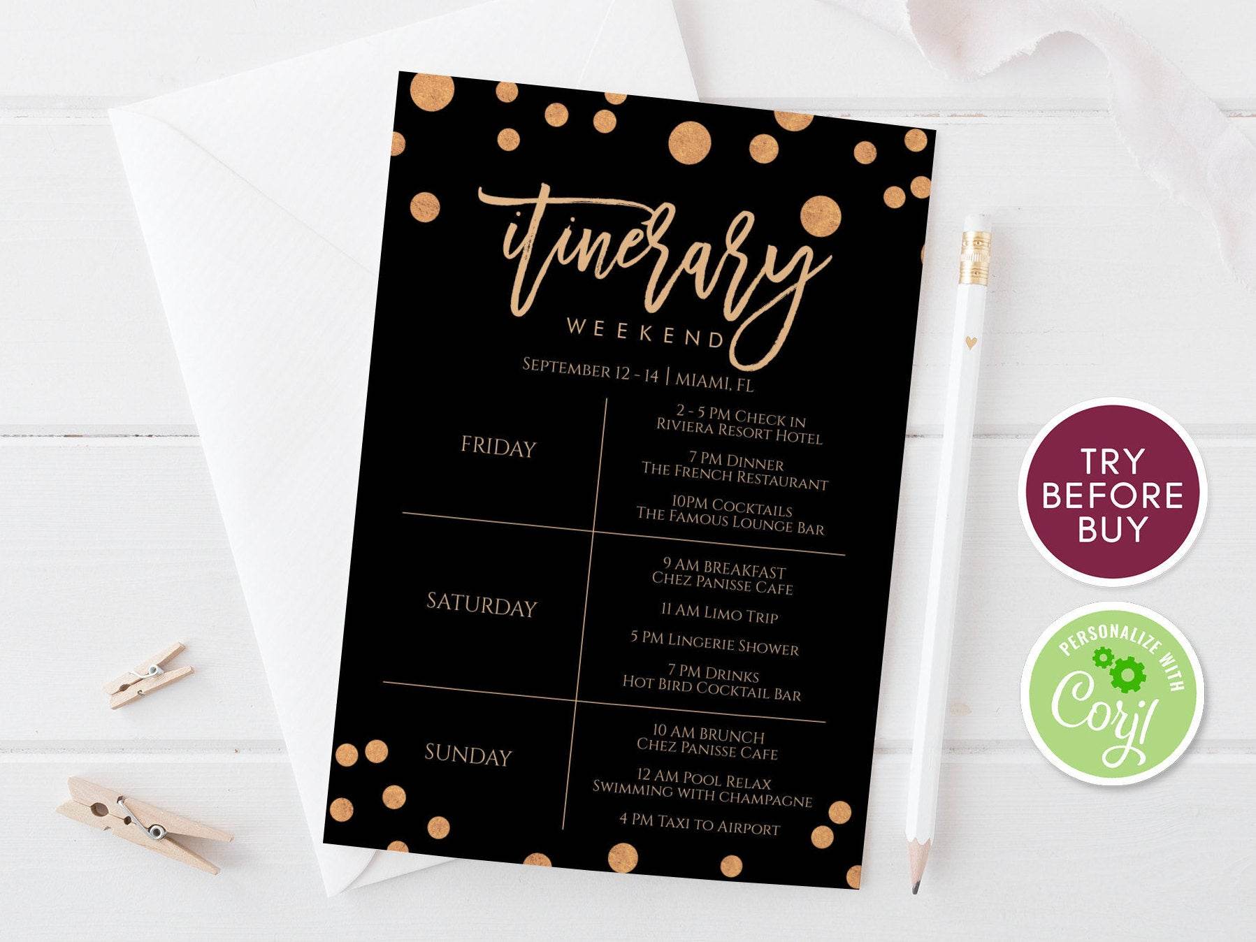 Black Gold Confetti Itinerary Template – Editable Weekend Schedule – Bachelorette, Hens Party, Birthday Itinerary – Instant Printable Download