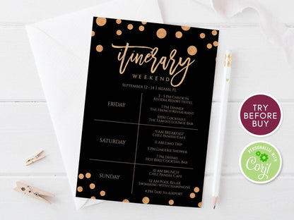 Black Gold Confetti Itinerary Template – Editable Weekend Schedule – Bachelorette, Hens Party, Birthday Itinerary – Instant Printable Download