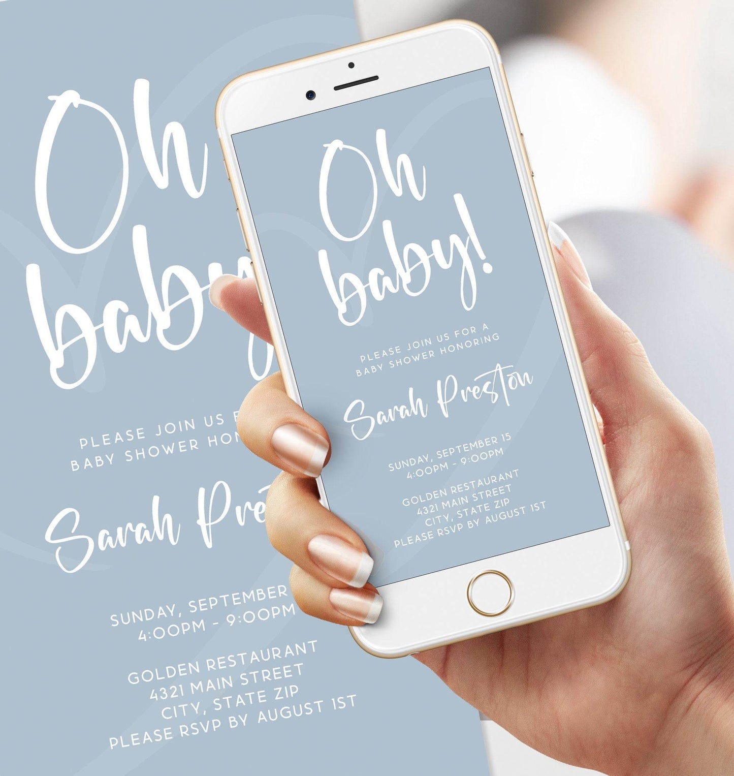 Digital “Oh Boy!” Baby Shower Invitation Template, Editable Text-Message Evite, Electronic Baby Shower Invite, Instant Download