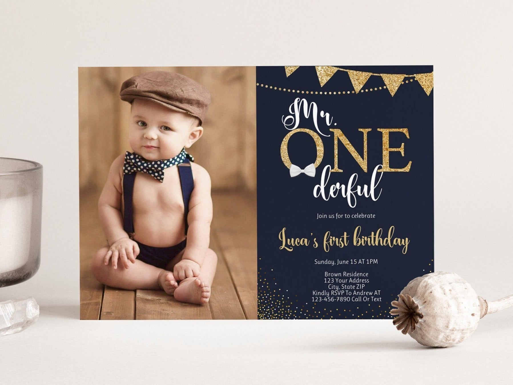 Editable Mr. ONEderful Birthday Navy Blue Invitation - Instant Download