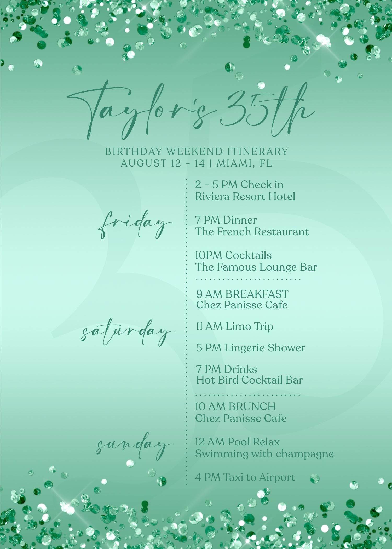 Editable Green Mint Birthday Itinerary Template, Printable Woman Itinerary, Ladies Weekend Itinerary, Party Schedule, Email Text Message