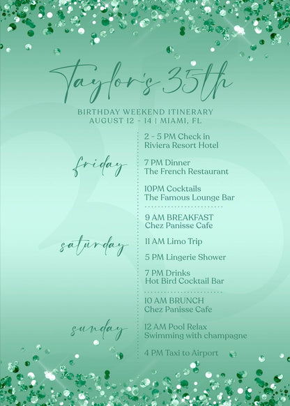 Editable Green Mint Birthday Itinerary Template, Printable Woman Itinerary, Ladies Weekend Itinerary, Party Schedule, Email Text Message