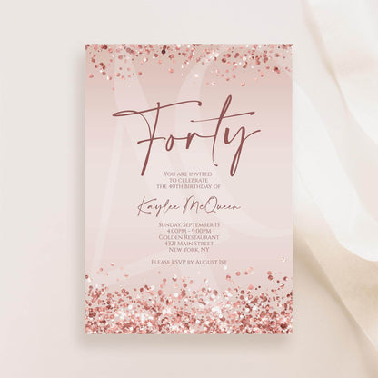 Rose Gold 40th Birthday Invitation Template, Editable Any Age Birthday Evite, Printable Pink Invite for Women, Text Message Download