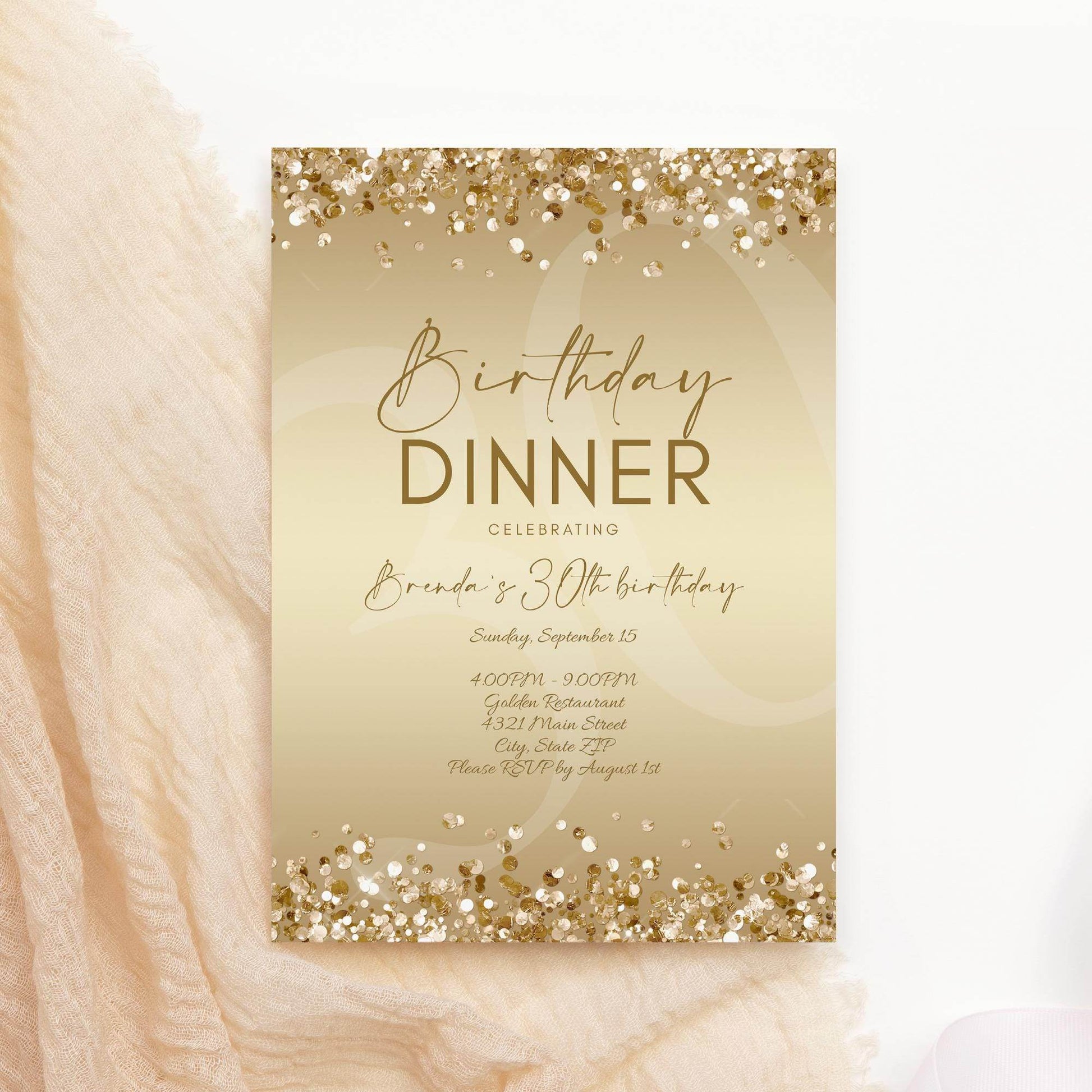 Gold Birthday Dinner Invitation Template Printable, Editable Gold Birthday Dinner Invite, Any Age Birthday, Email Text Message Invitation