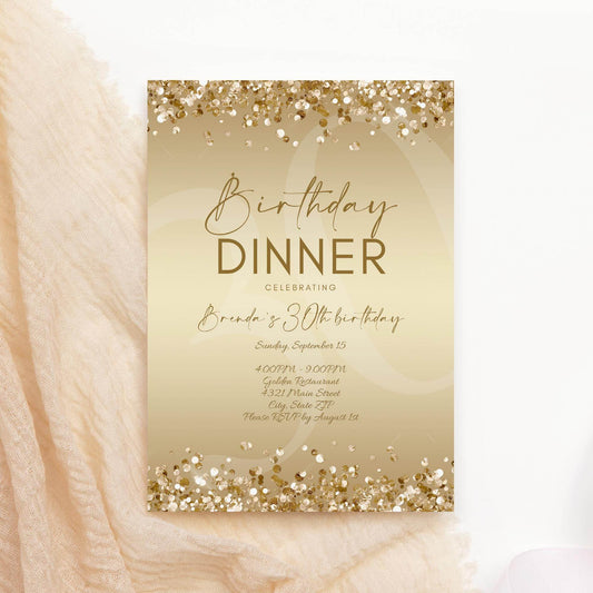 Gold Birthday Dinner Invitation Template Printable, Editable Gold Birthday Dinner Invite, Any Age Birthday, Email Text Message Invitation