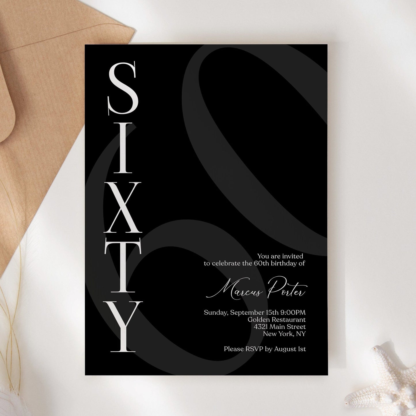 Black 60th Birthday Invitation Template - Editable & Minimalist