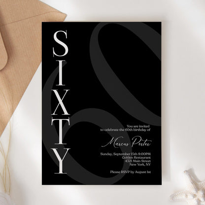 Black 60th Birthday Invitation Template - Editable & Minimalist