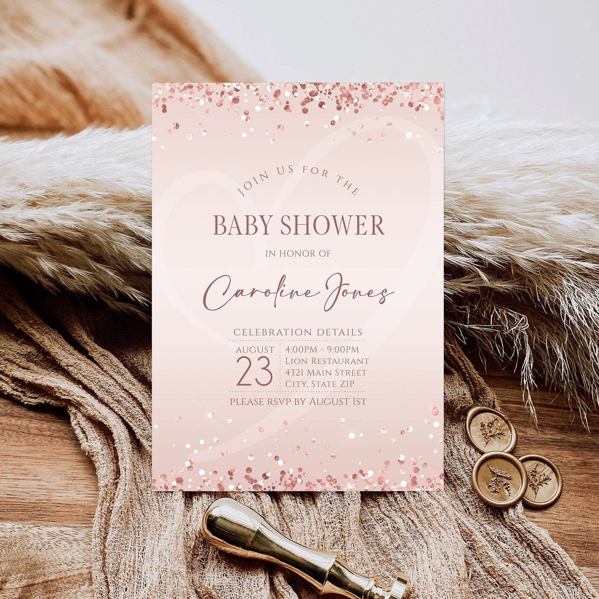 Pink Baby Shower Invitation Template – Editable Rose Gold Girl Baby Shower Invite – Digital Text or Email Evite – Instant Download
