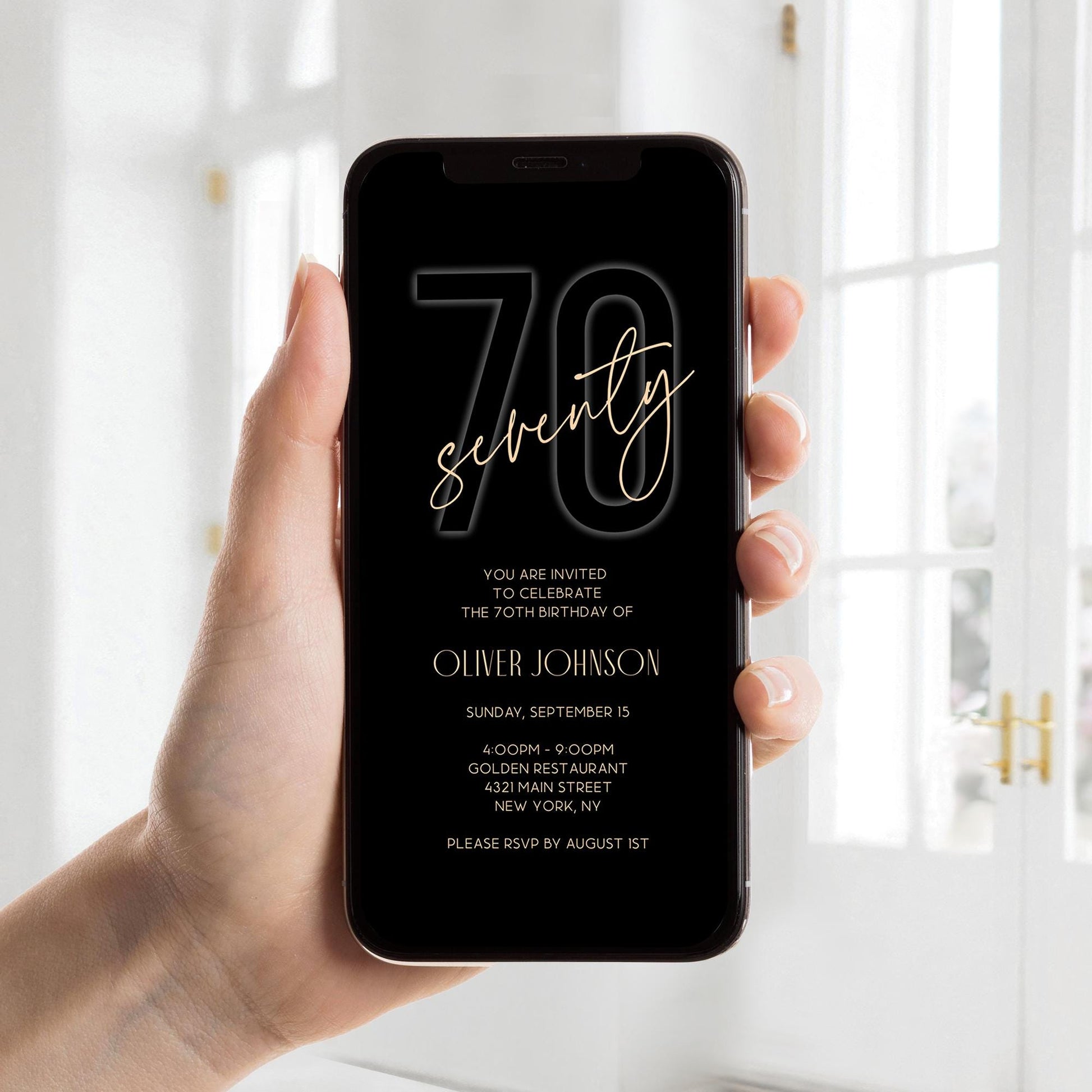 Electronic Black Gold 70th Seventy BIRTHDAY Invitation Evite, Phone Email text message invite, Editable Template, Digital Mens Invite DIY