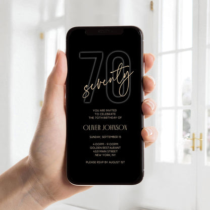 Electronic Black Gold 70th Seventy BIRTHDAY Invitation Evite, Phone Email text message invite, Editable Template, Digital Mens Invite DIY