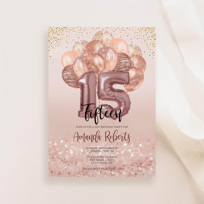 15th Birthday Invitation Template for Girl | Editable Rose Gold Balloons Invite | Digital 15th Party Card | Text Message or Email | Instant Download